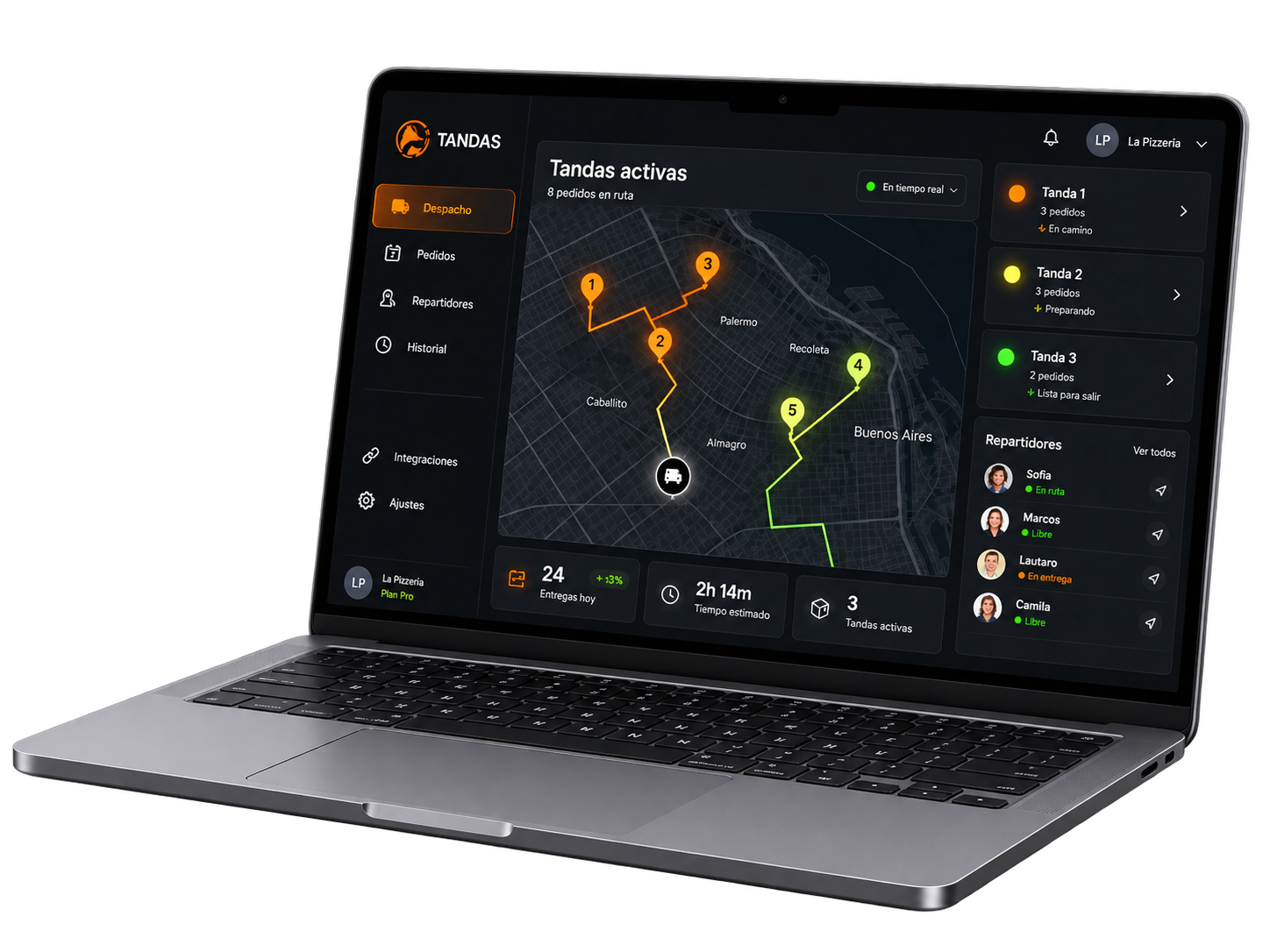 TANDAS en una notebook: mapa de rutas, tandas activas y repartidores