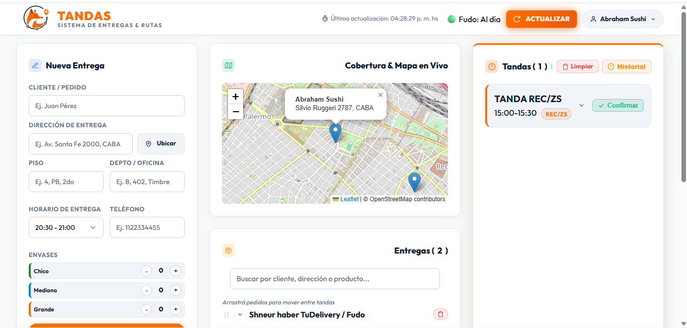 Vista del Hub con mapa, pedidos y tandas