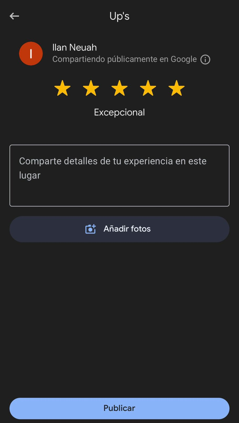 Pantalla de Google para escribir una reseña