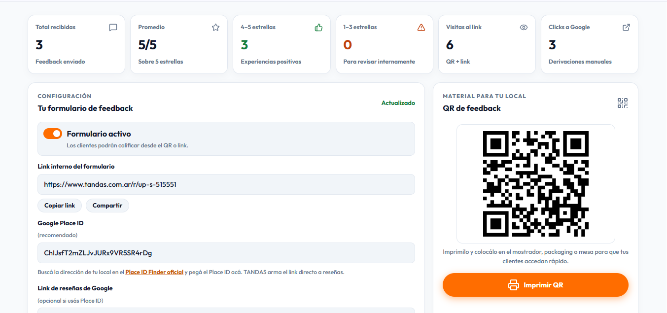 Panel de Reviews con KPIs, configuración y QR