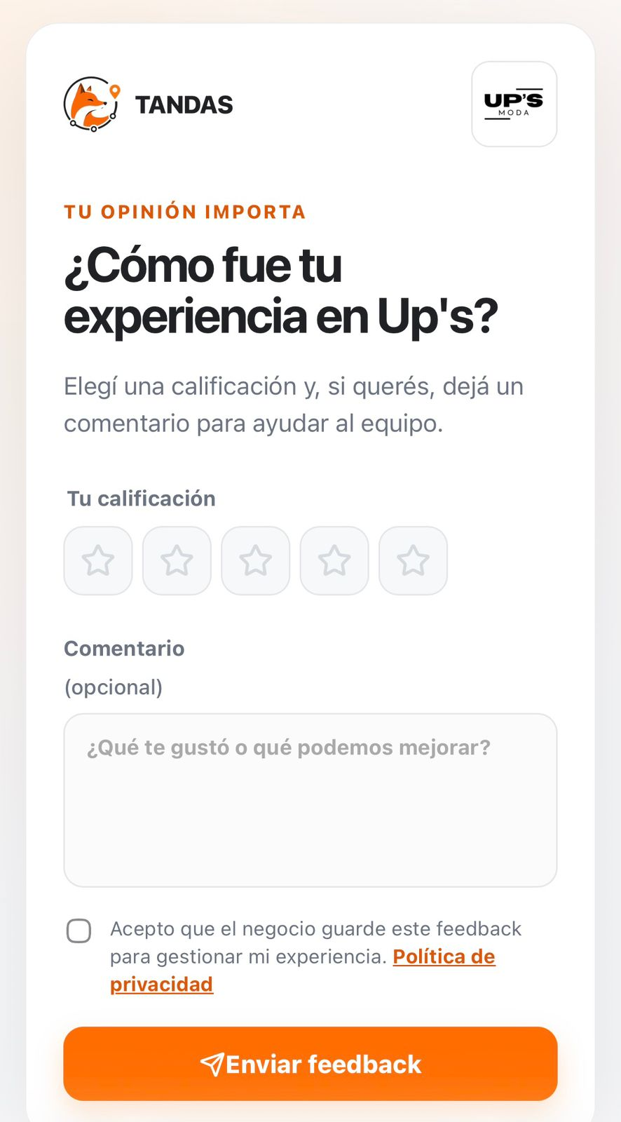 Formulario público de valoración de TANDAS Reviews