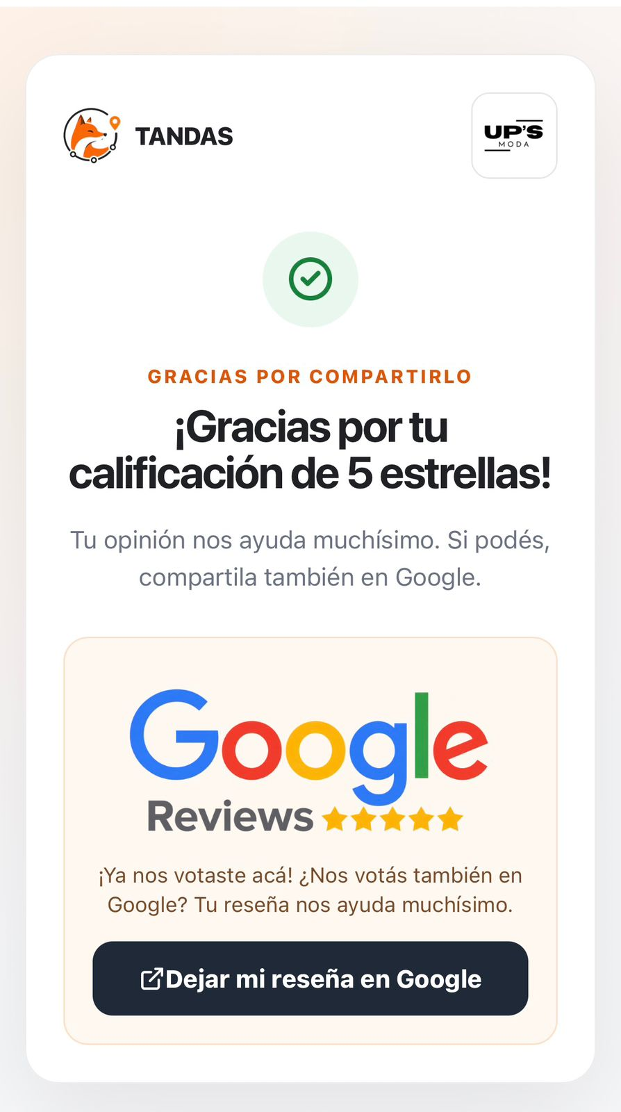 Pantalla de agradecimiento con invitación a Google Reviews